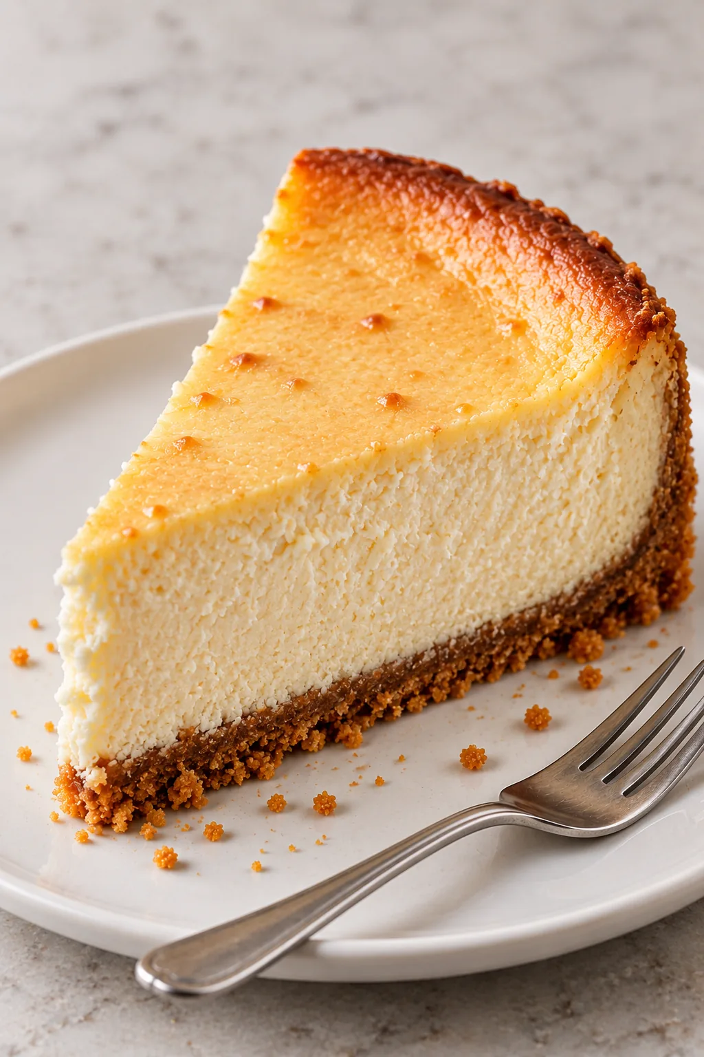 Slice of baked New York cheesecake showing cream cheese filling and graham crust