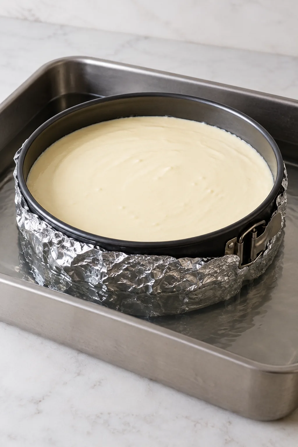 Foil wrapped cheesecake pan sitting in a roasting pan of water before baking