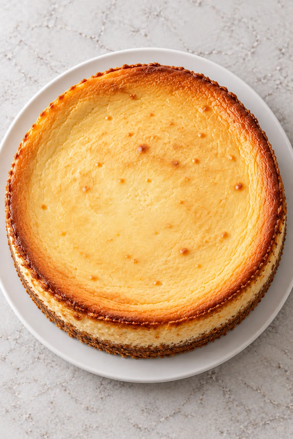 Whole New York cheesecake viewed from above on a white plate