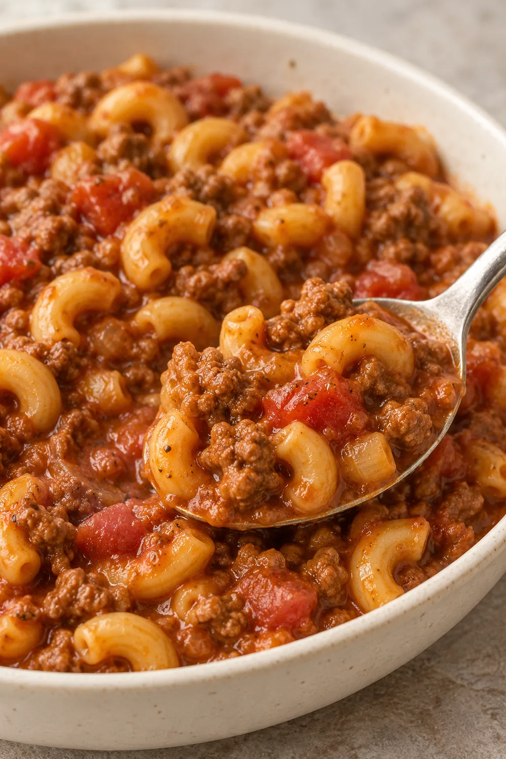 Spoonful of elbow macaroni, ground beef, and diced tomato in thick tomato sauce