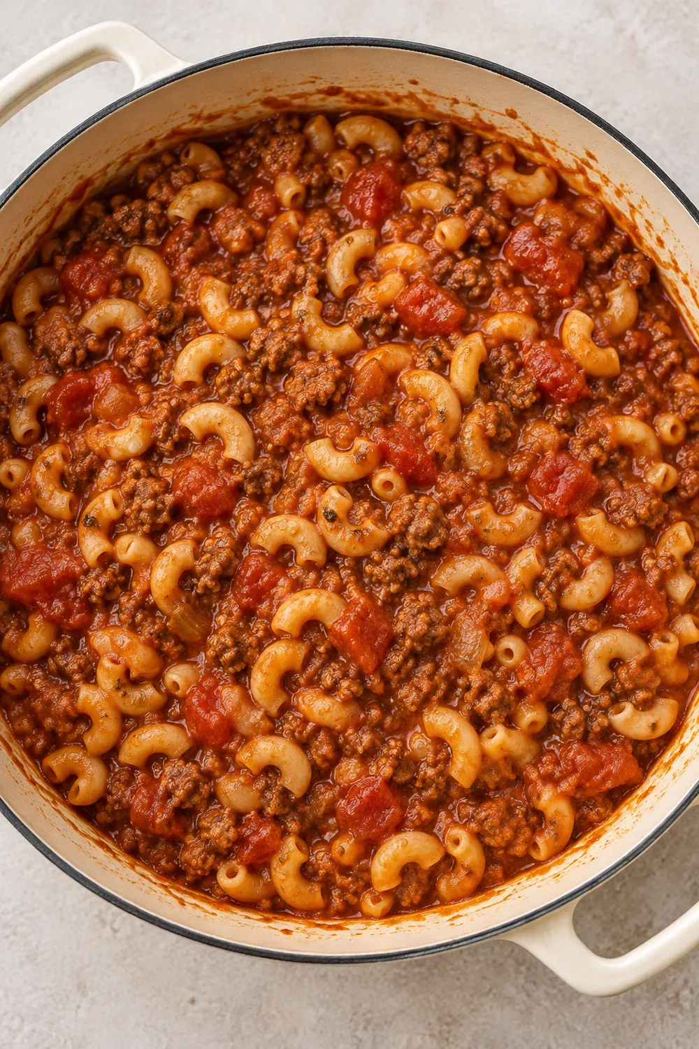 Finished one-pot goulash with tender elbow macaroni and ground beef in tomato sauce