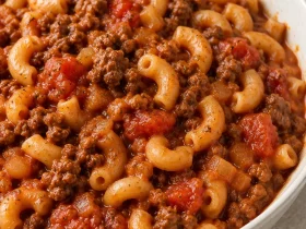Old fashioned goulash with elbow macaroni, ground beef, and tomatoes in an ivory bowl
