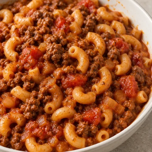 Old fashioned goulash with elbow macaroni, ground beef, and tomatoes in an ivory bowl
