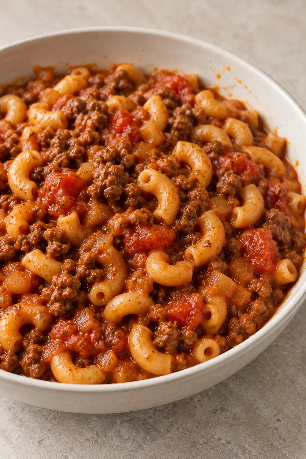 Old fashioned goulash with elbow macaroni, ground beef, and tomatoes in an ivory bowl