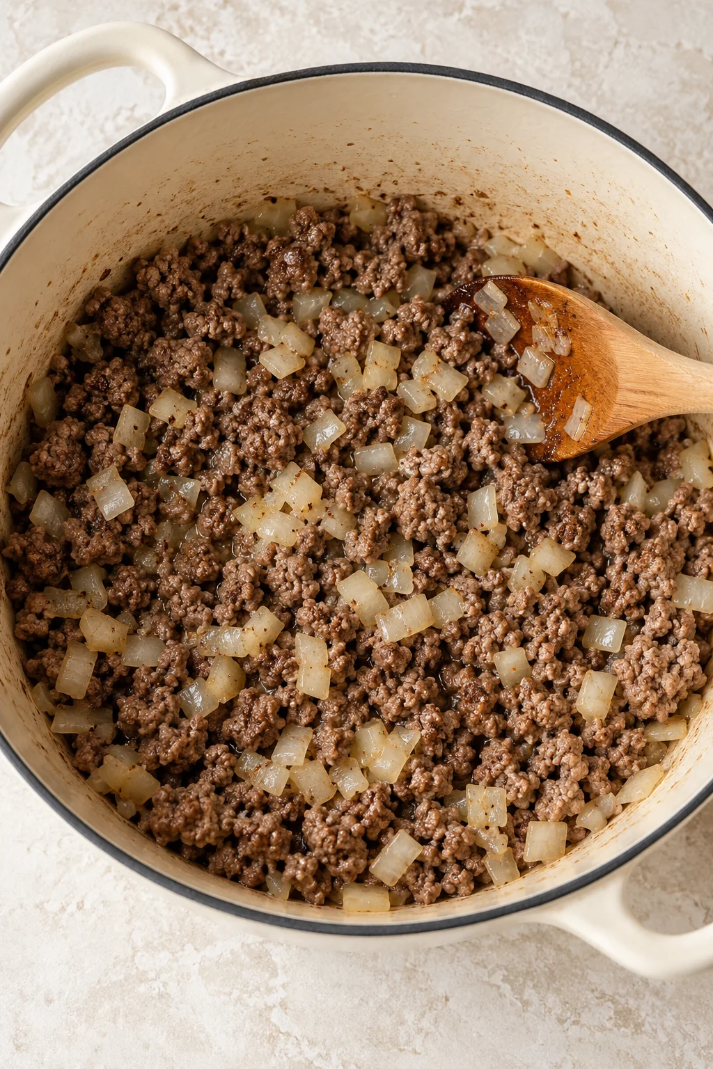 Browned ground beef and softened onion in a cream-colored soup pot