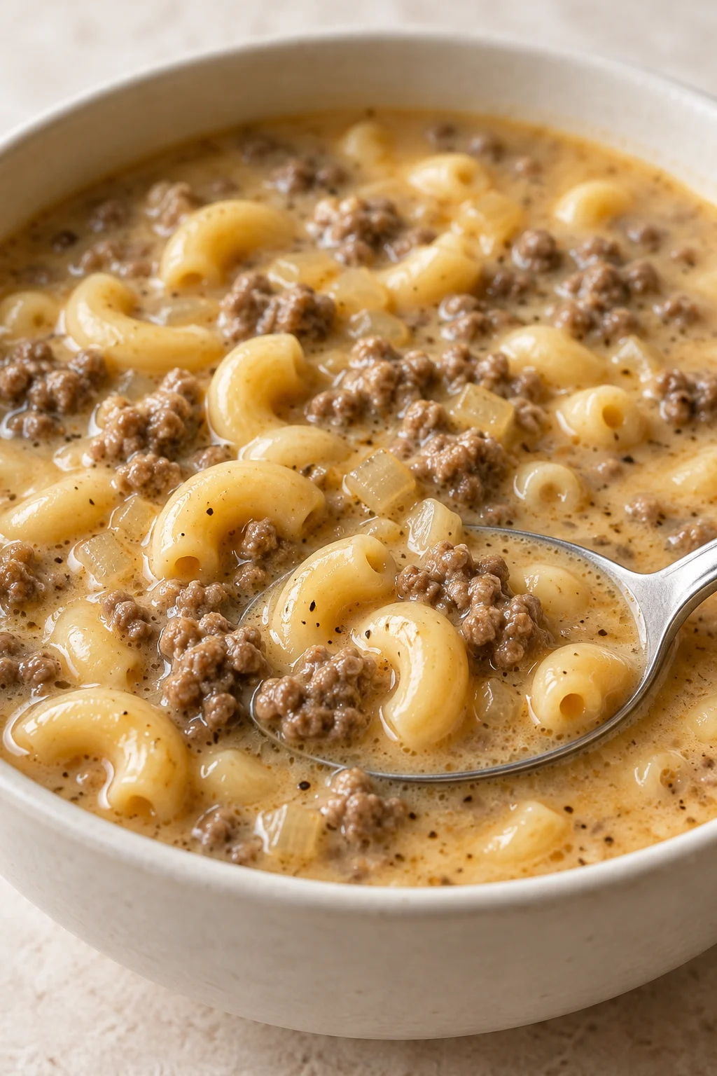 Close-up of elbow macaroni and ground beef in creamy cheddar soup