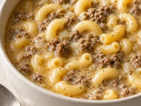 Creamy macaroni cheeseburger soup with ground beef and elbow pasta in a white bowl