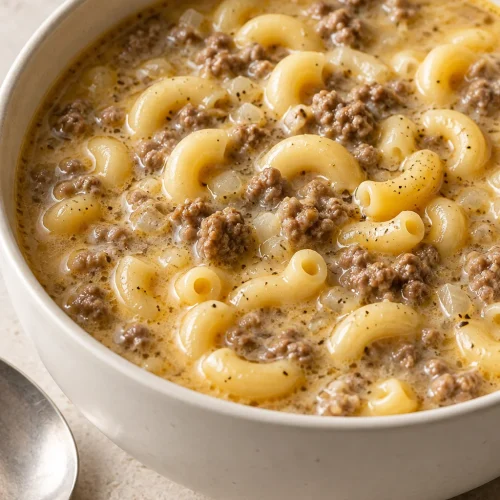 Creamy macaroni cheeseburger soup with ground beef and elbow pasta in a white bowl