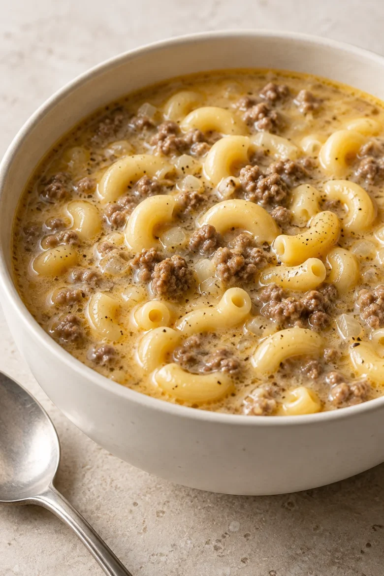 Creamy macaroni cheeseburger soup with ground beef and elbow pasta in a white bowl