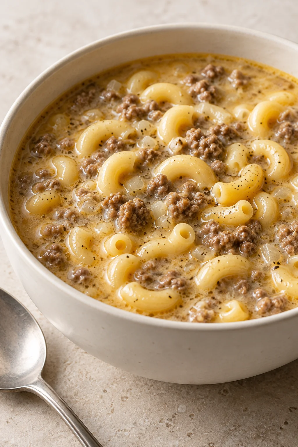 Creamy macaroni cheeseburger soup with ground beef and elbow pasta in a white bowl