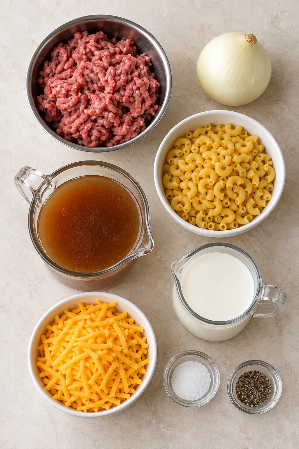 Ground beef, onion, elbow macaroni, beef broth, milk, shredded cheddar, salt, and black pepper