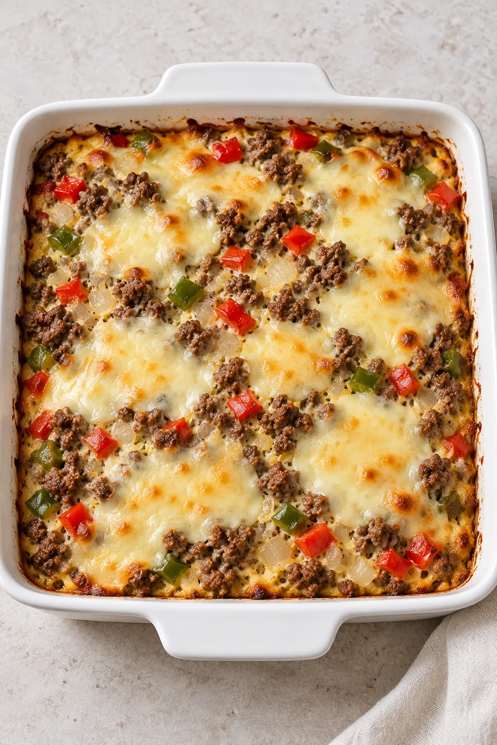Finished square casserole with melted provolone and beef and pepper filling visible on top