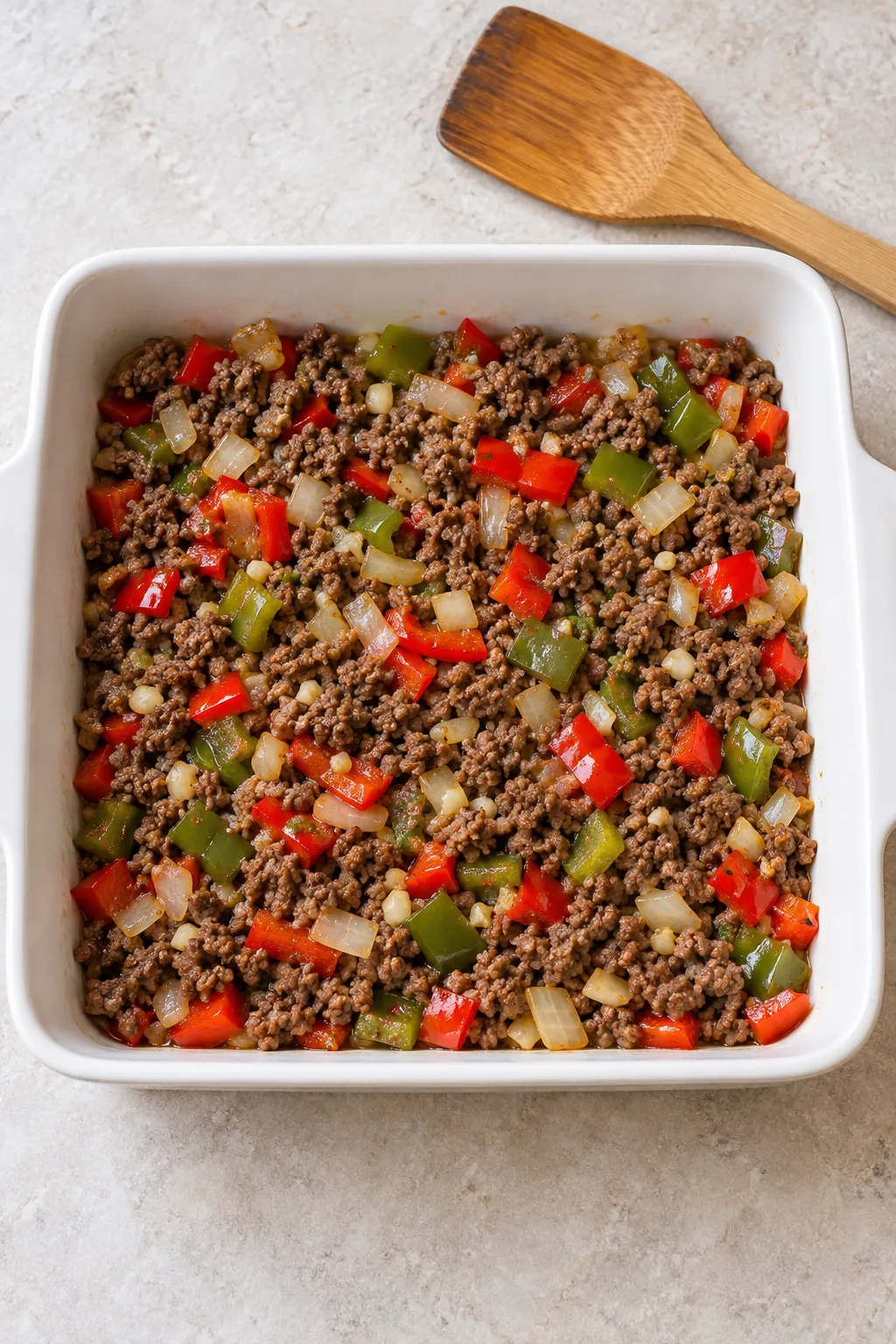 Cooked ground beef and pepper mixture spread in a square white casserole dish before cheese is added