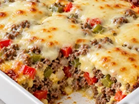 Square dish of baked Philly cheese steak casserole with a serving removed, showing beef, peppers, and melted provolone