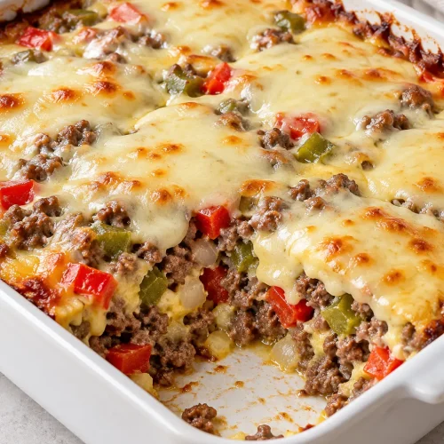 Square dish of baked Philly cheese steak casserole with a serving removed, showing beef, peppers, and melted provolone