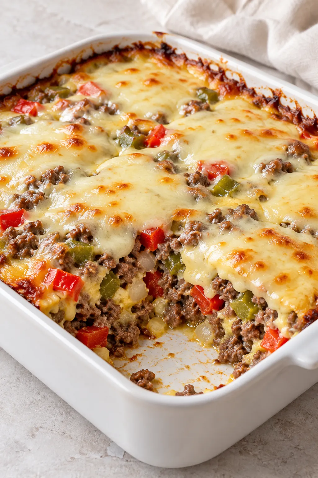 Square dish of baked Philly cheese steak casserole with a serving removed, showing beef, peppers, and melted provolone
