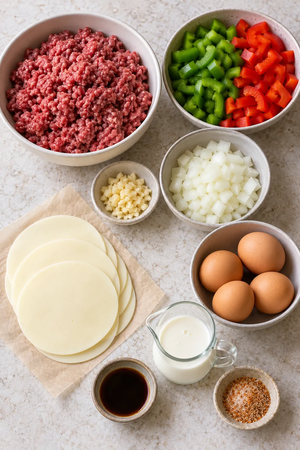 Ground beef, chopped bell peppers, onion, garlic, provolone, eggs, cream, Worcestershire sauce, and seasoned salt for the casserole