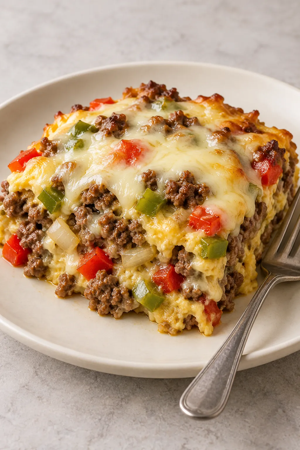 Plated serving of Philly cheese steak casserole with ground beef, peppers, set egg mixture, and melted provolone