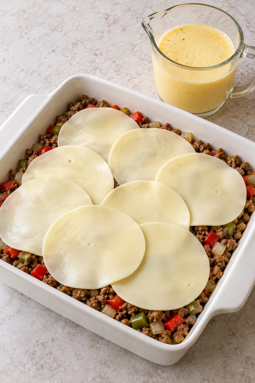 Provolone slices layered over beef and peppers, with whisked egg and cream mixture ready to pour