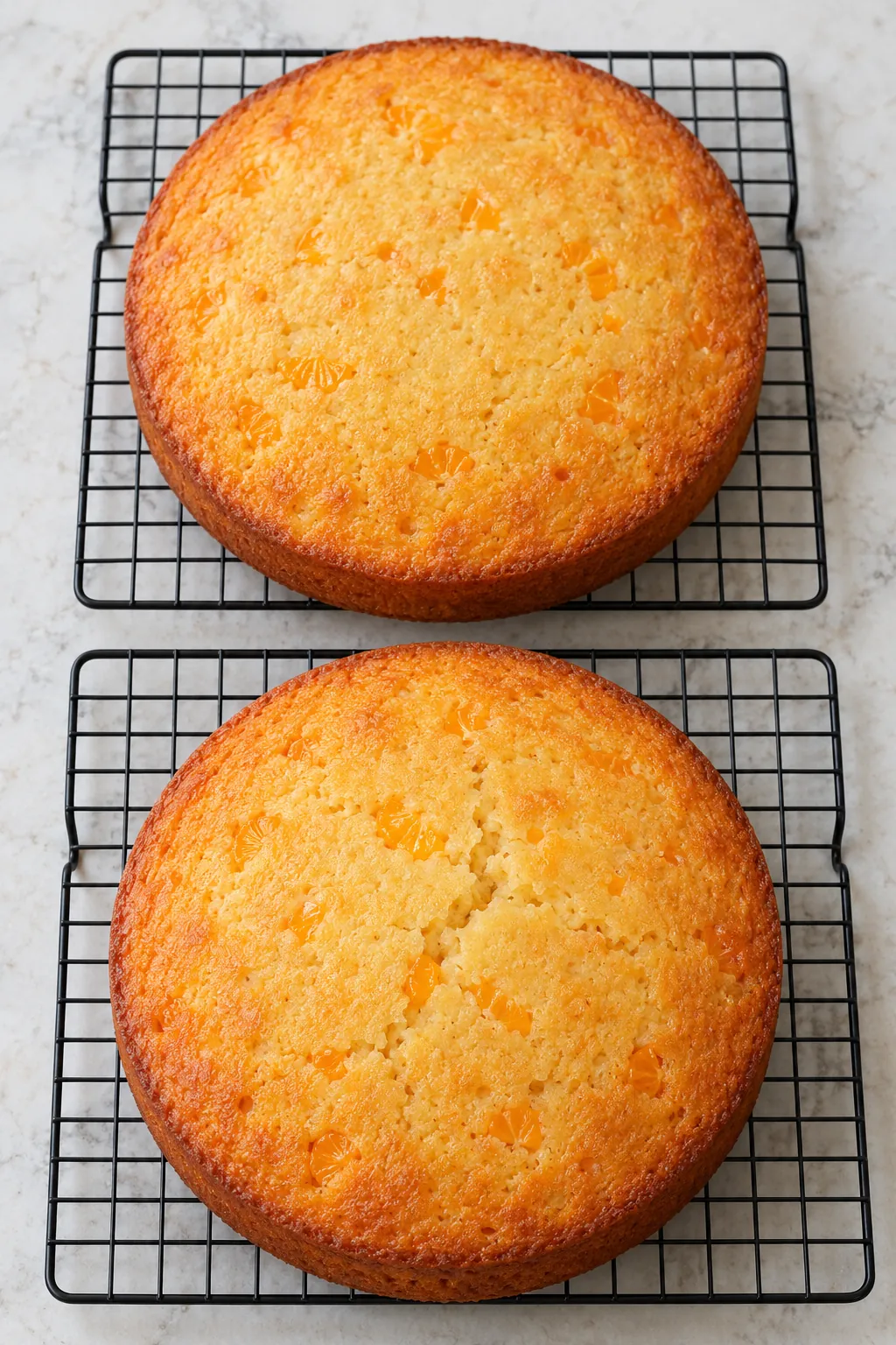 Two baked mandarin orange cake layers cooling on separate wire racks before frosting
