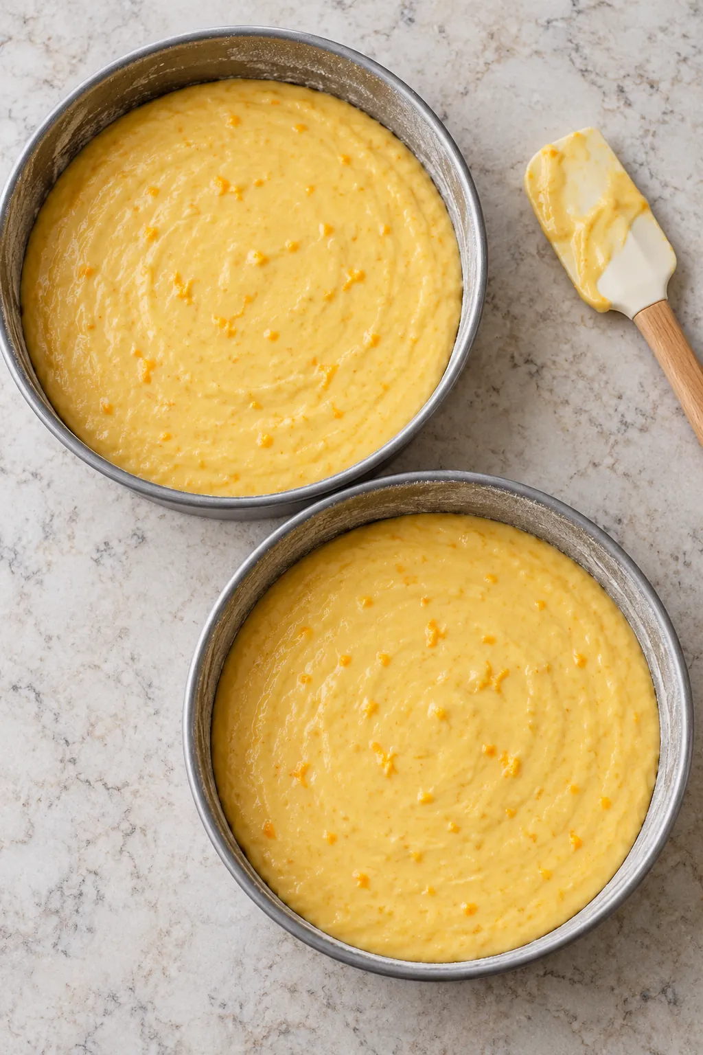 Mandarin orange cake batter divided between two greased round baking pans