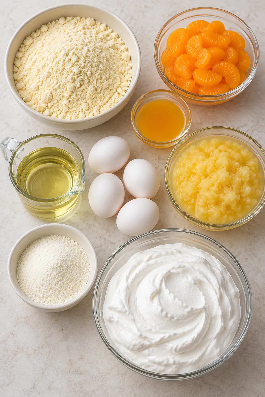 Yellow cake mix, mandarin oranges and juice, oil, eggs, crushed pineapple, vanilla pudding mix, and whipped topping