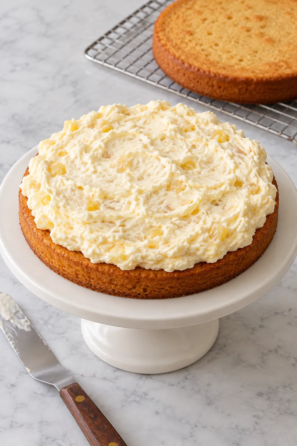 Pineapple whipped frosting spread on the first cooled orange cake layer, with the second layer ready to stack