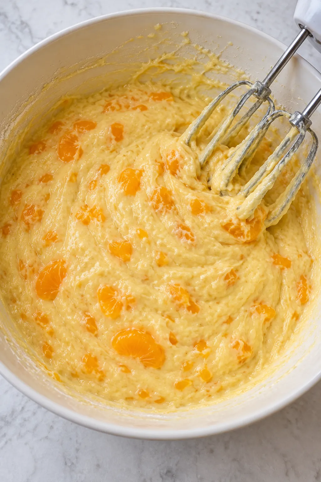 Mandarin orange pieces being mixed into yellow cake batter for Pig Pickin Cake