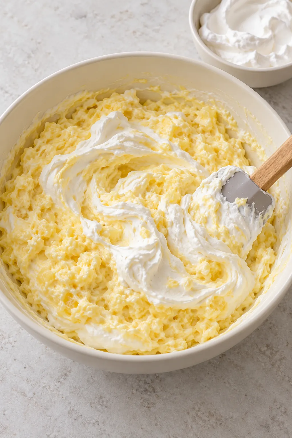 Thawed whipped topping being folded into thick crushed pineapple and vanilla pudding mixture