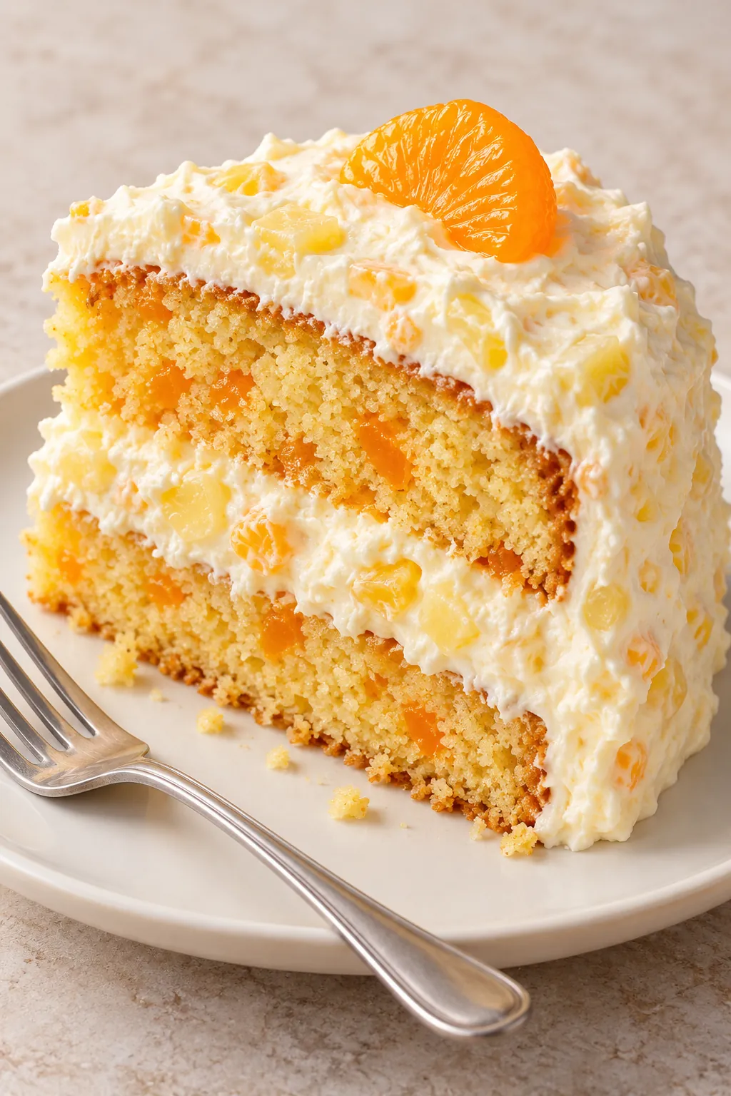 Slice of two-layer mandarin orange cake with pineapple whipped frosting and an orange segment on top