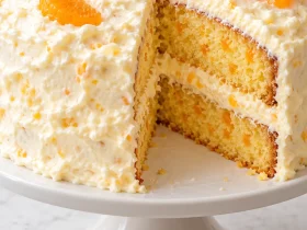 Two-layer mandarin orange Pig Pickin Cake with pineapple whipped frosting and a slice removed