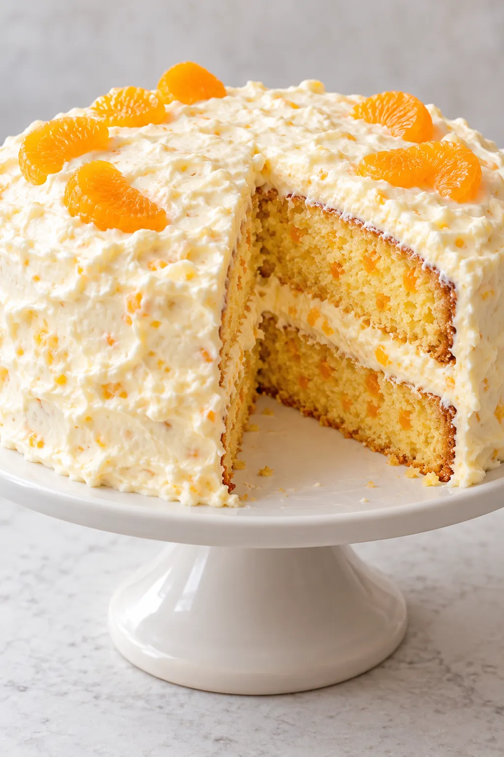 Two-layer mandarin orange Pig Pickin Cake with pineapple whipped frosting and a slice removed