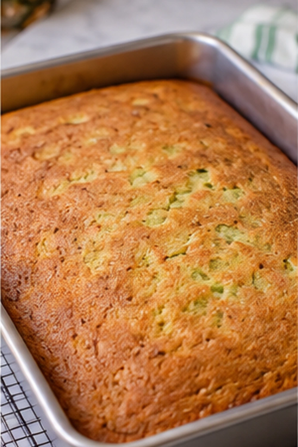 Baked pistachio pineapple cake cooling in a 9x13 pan before frosting