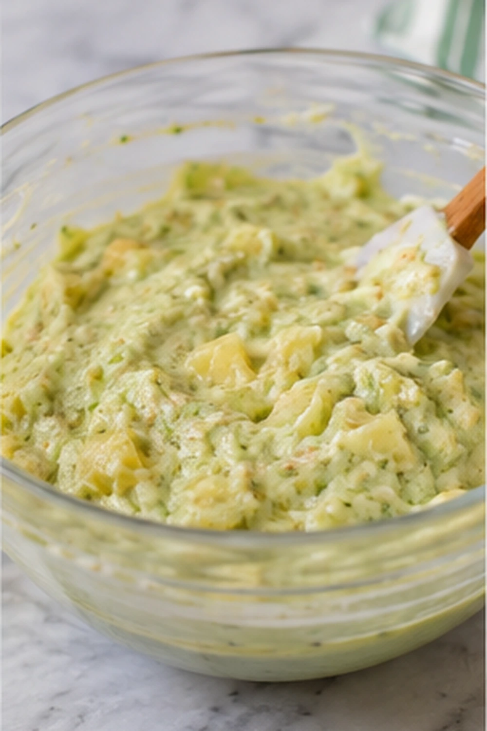 Pistachio pineapple cake batter with crushed pineapple mixed in a glass bowl