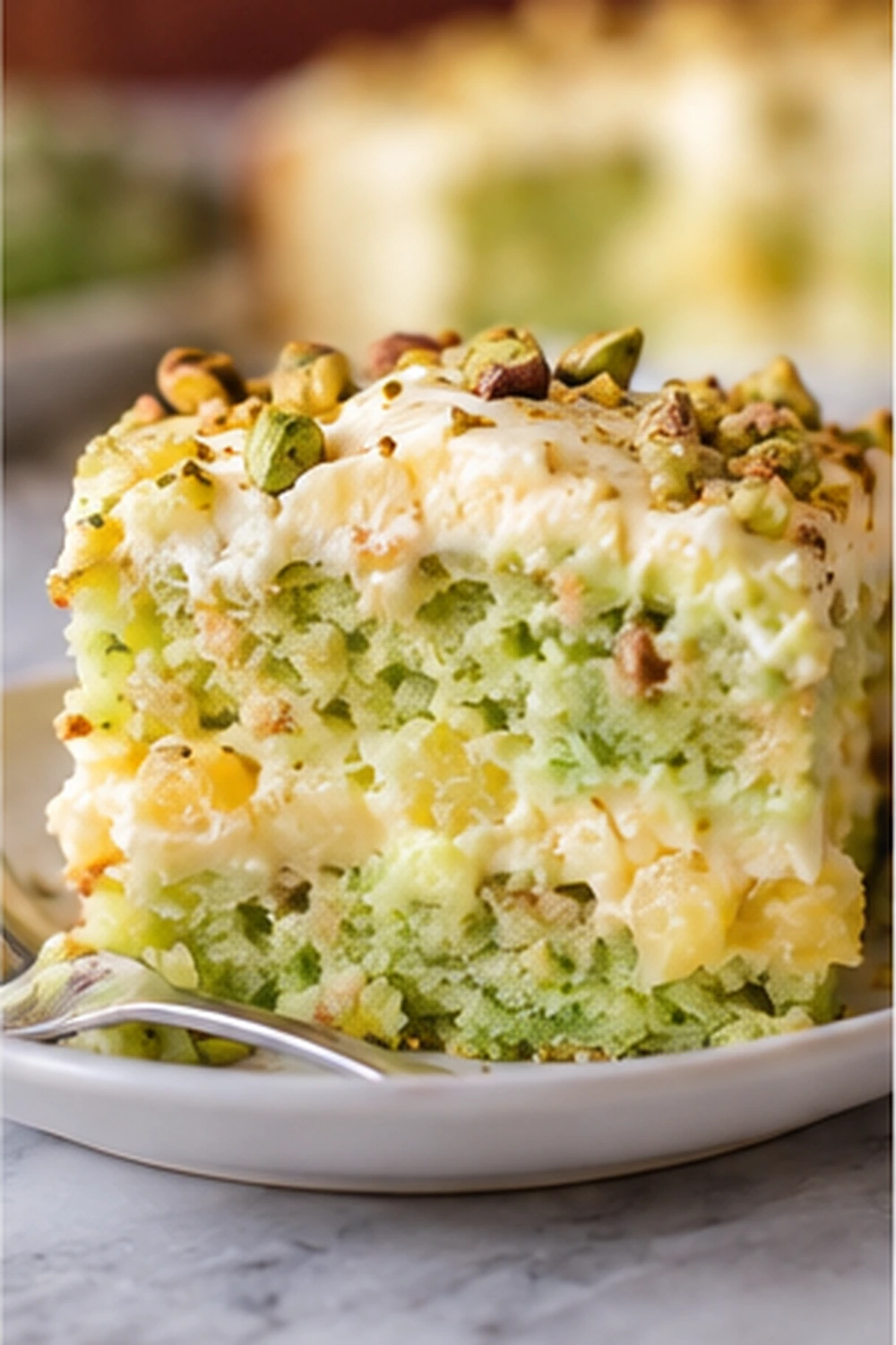 Close-up of pistachio pineapple cake slice with moist green crumb and pineapple pieces