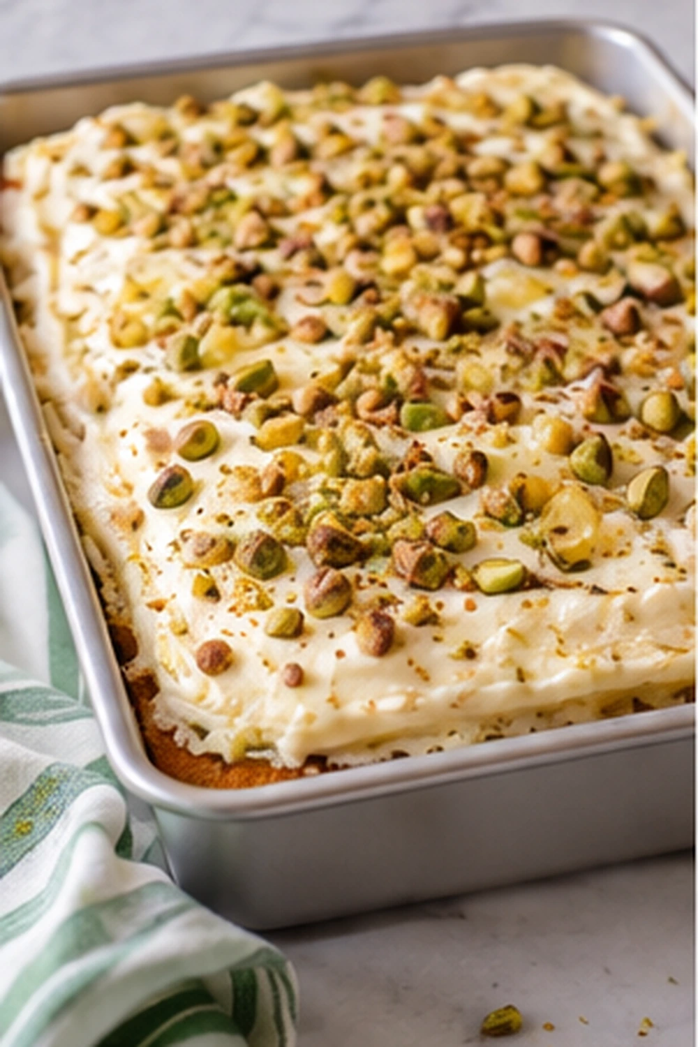 Pistachio pineapple cake covered with fluffy pistachio frosting in a 9x13 pan