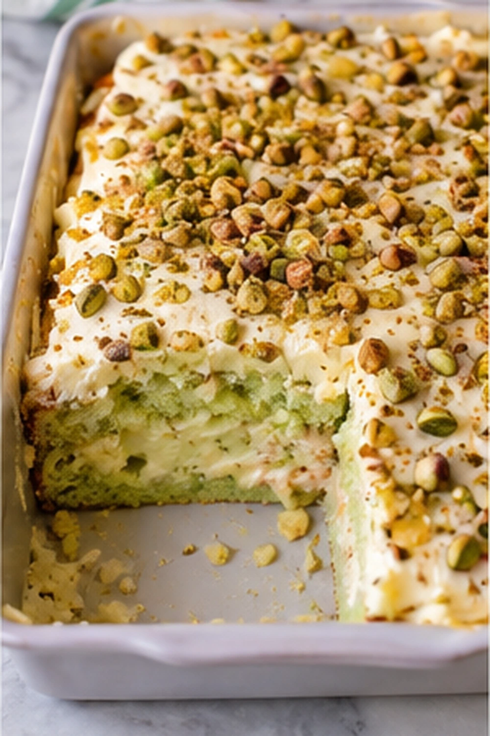 Pistachio pineapple cake in a 9x13 pan with one slice removed