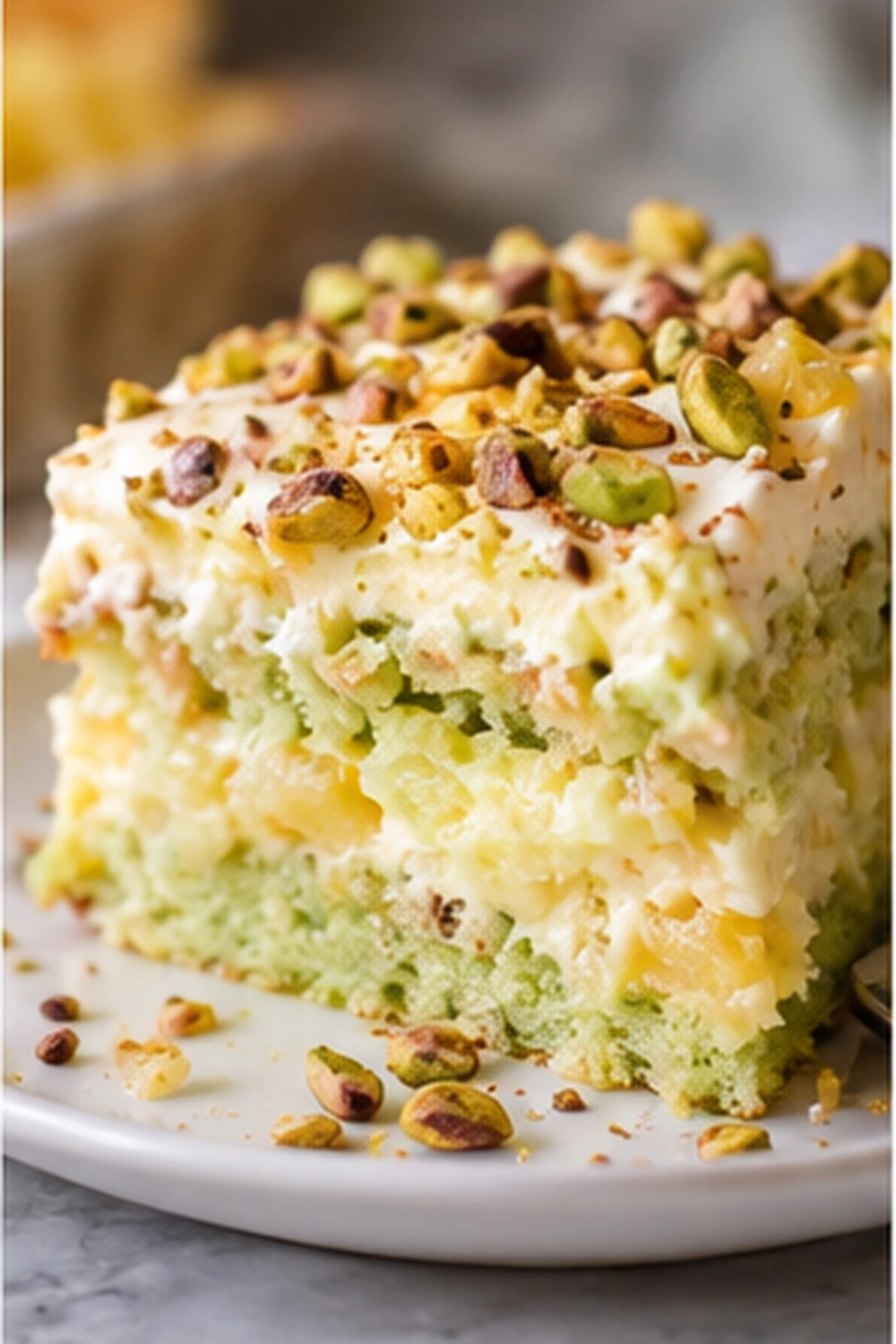 Plated slice of pistachio pineapple cake showing pineapple pieces and creamy topping