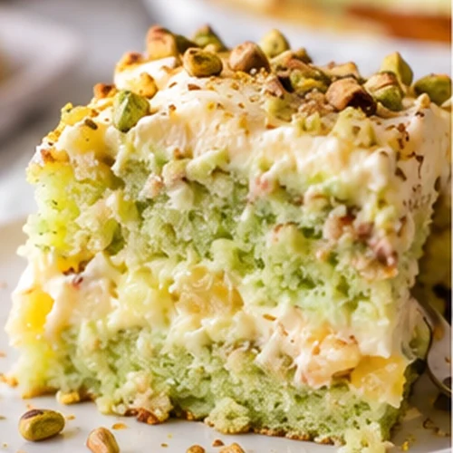 Slice of pistachio pineapple cake with fluffy pistachio frosting and chopped pistachios