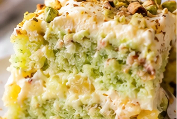 Slice of pistachio pineapple cake with fluffy pistachio frosting and chopped pistachios