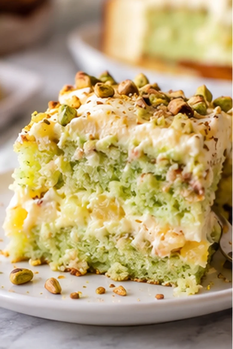 Slice of pistachio pineapple cake with fluffy pistachio frosting and chopped pistachios