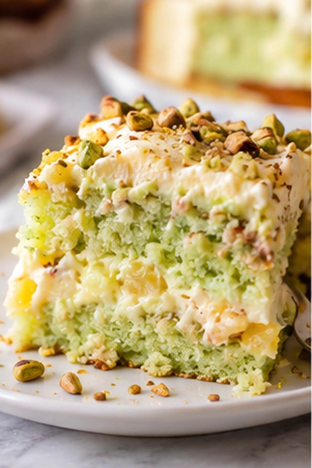 Slice of pistachio pineapple cake with fluffy pistachio frosting and chopped pistachios