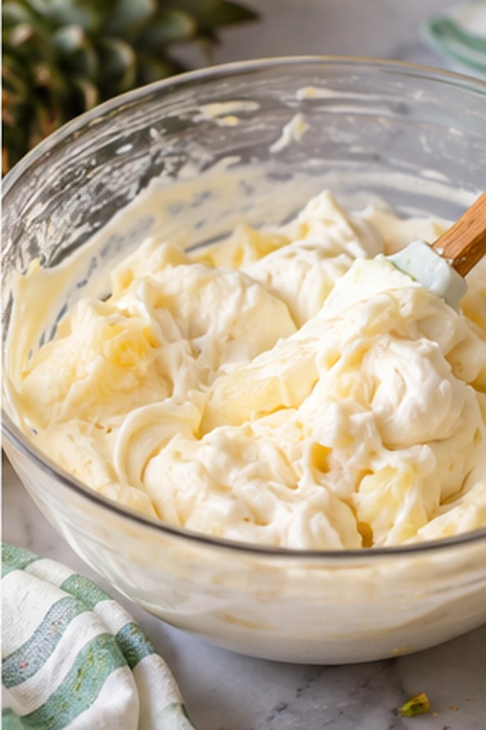Fluffy pistachio pudding and whipped topping frosting in a mixing bowl