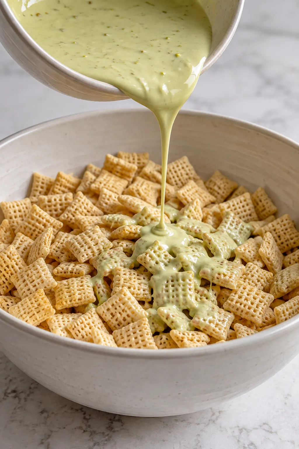Pale pistachio white chocolate mixture poured over a bowl of Rice Chex cereal