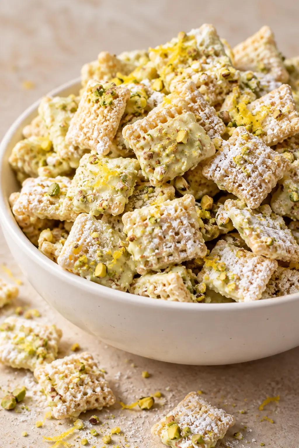 Finished pistachio lemon puppy chow with powdered sugar, chopped pistachios, and lemon zest in a white bowl