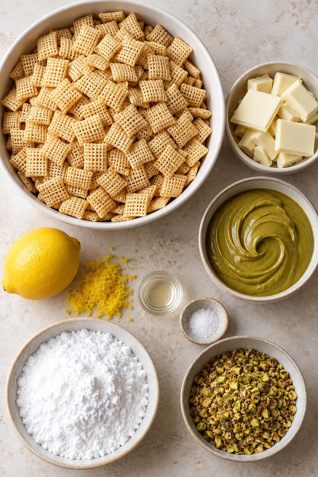 Rice Chex, white chocolate, pistachio cream, lemon zest, almond extract, salt, powdered sugar, and chopped pistachios