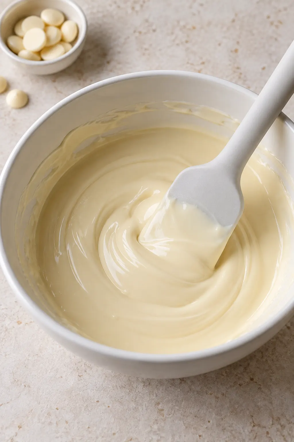 Melted white chocolate stirred smooth in a bowl for pistachio lemon puppy chow