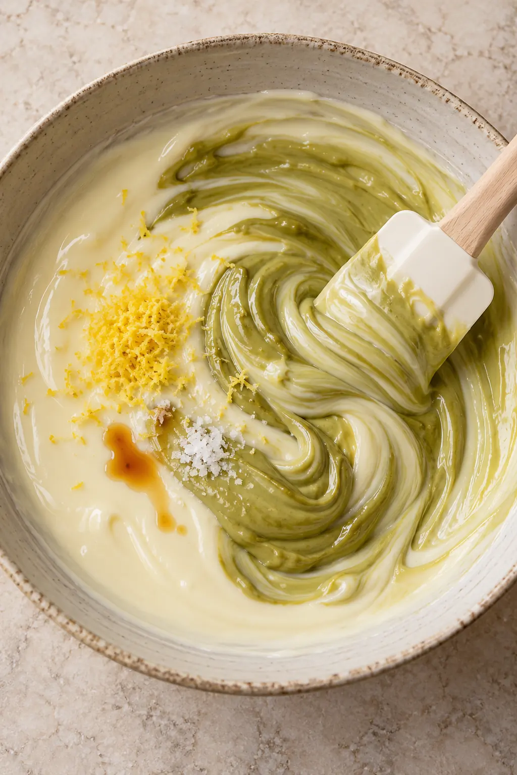 Pistachio cream and lemon zest being stirred into melted white chocolate for puppy chow