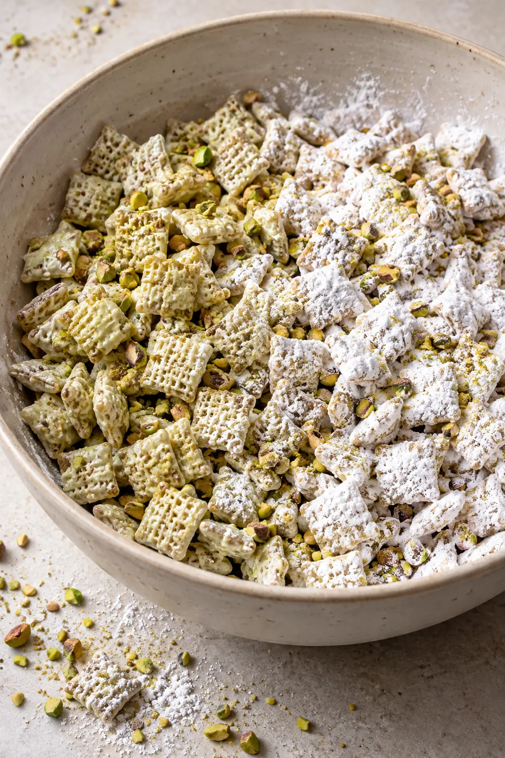 Pistachio-coated Rice Chex being tossed with powdered sugar and finely chopped roasted pistachios