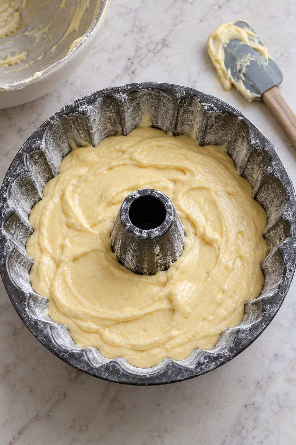 Smooth pale butter cake batter spread in a greased and floured fluted Bundt pan before baking